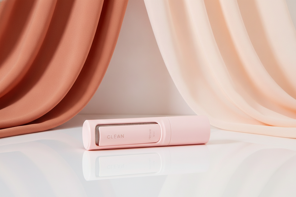 A 2-in-1 reusable pet hair remover brush with a self-cleaning base sits on a white surface with peach and terracotta fabric a