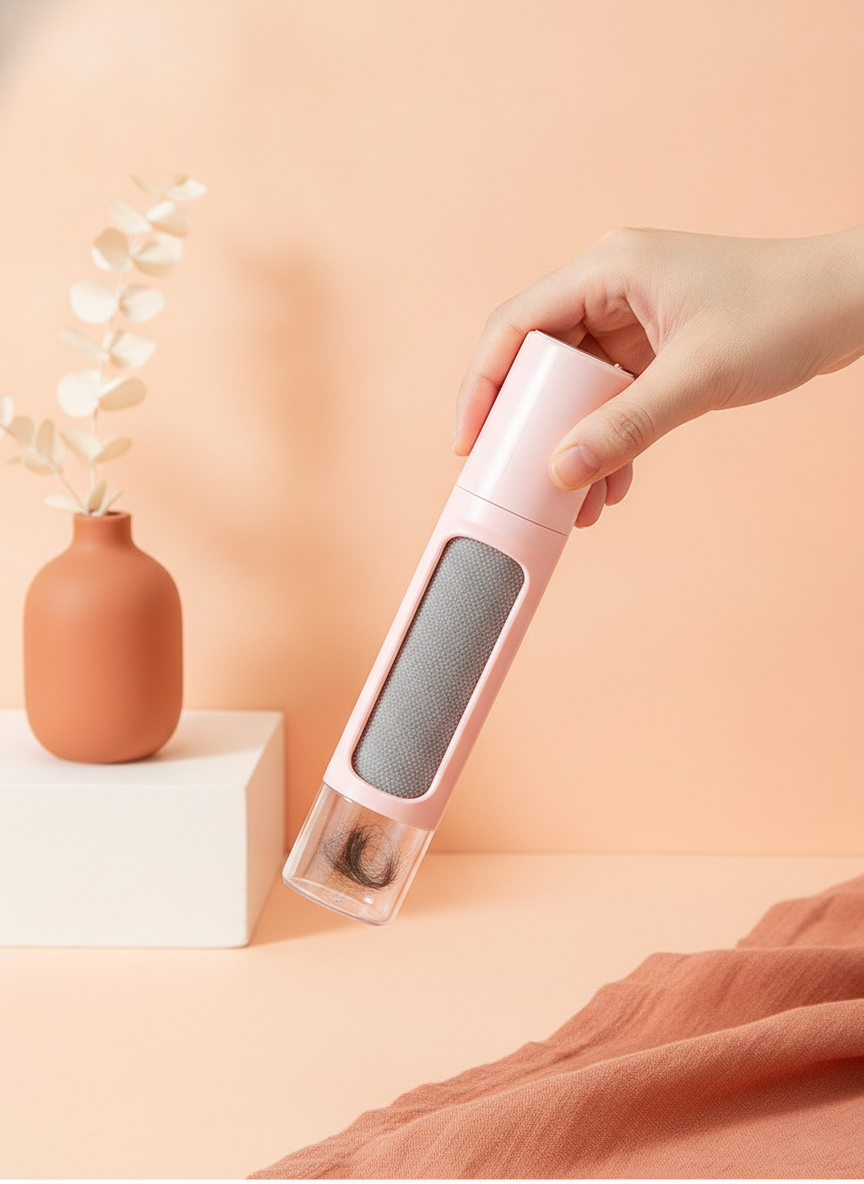 Close-up of a person holding the 2-in-1 Reusable Pet Hair Remover Brush Lint Roller, showcasing its self-cleaning chamber.